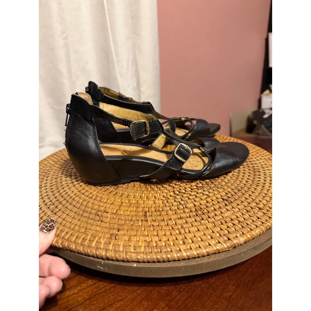 iComfort Womens Black Strappy Wedge Sandals Low Heel Back Zip Buckle Straps